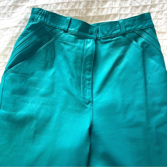 Cool teal vintage leather jeans with slash pockets - Picture 3 of 8